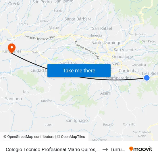 Colegio Técnico Profesional Mario Quirós, Tres Ríos La Unión to Turrúcares map