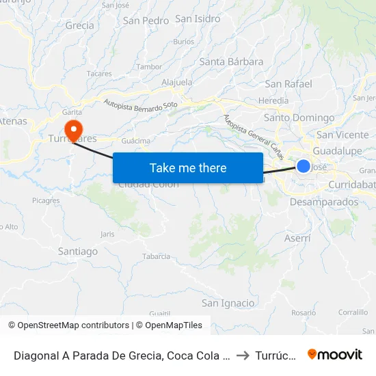 Diagonal A Parada De Grecia, Coca Cola San José to Turrúcares map