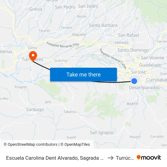Escuela Carolina Dent Alvarado, Sagrada Familia San José to Turrúcares map
