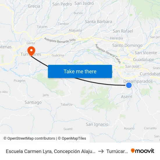 Escuela Carmen Lyra, Concepción Alajuelita to Turrúcares map