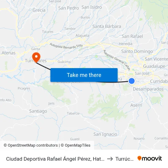 Ciudad Deportiva Rafael Ángel Pérez, Hatillo San José to Turrúcares map
