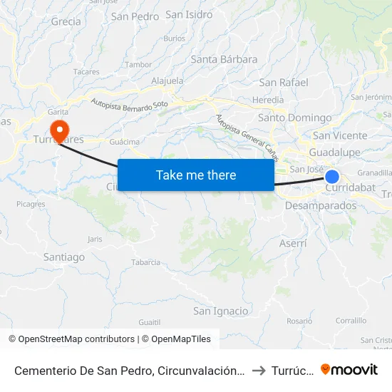 Cementerio De San Pedro, Circunvalación Montes De Oca to Turrúcares map
