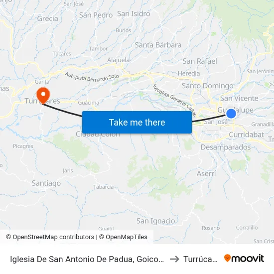 Iglesia De San Antonio De Padua, Goicoechea to Turrúcares map