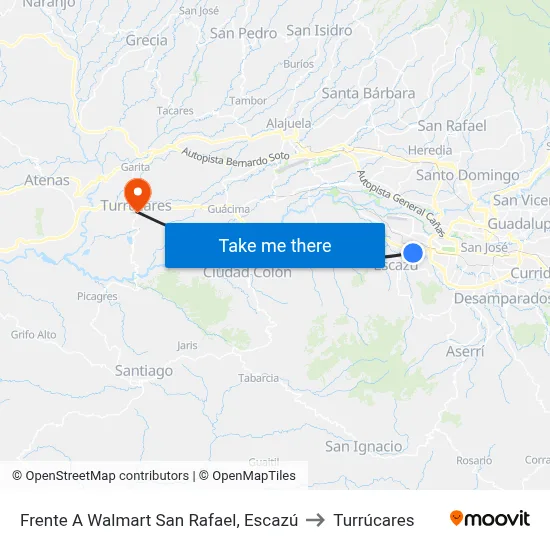 Frente A Walmart San Rafael, Escazú to Turrúcares map