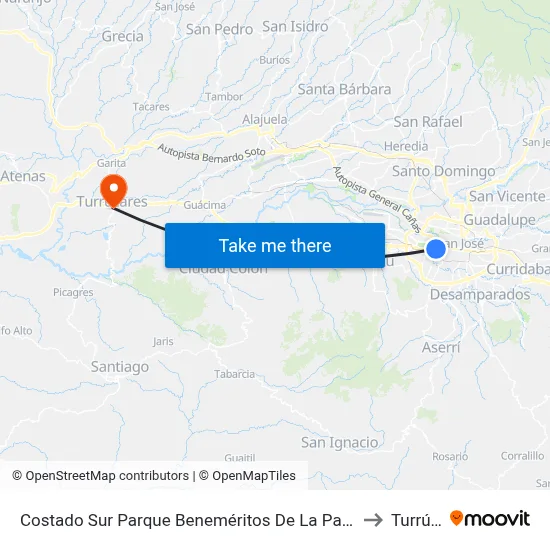 Costado Sur Parque Beneméritos De La Patria, San Francisco San José to Turrúcares map