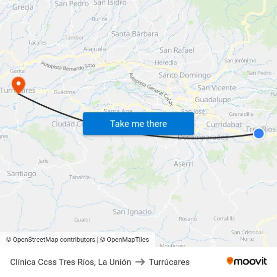 Clínica Ccss Tres Ríos, La Unión to Turrúcares map