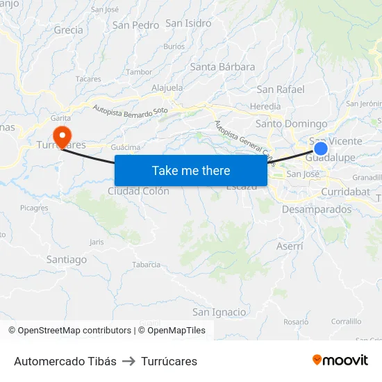 Automercado Tibás to Turrúcares map