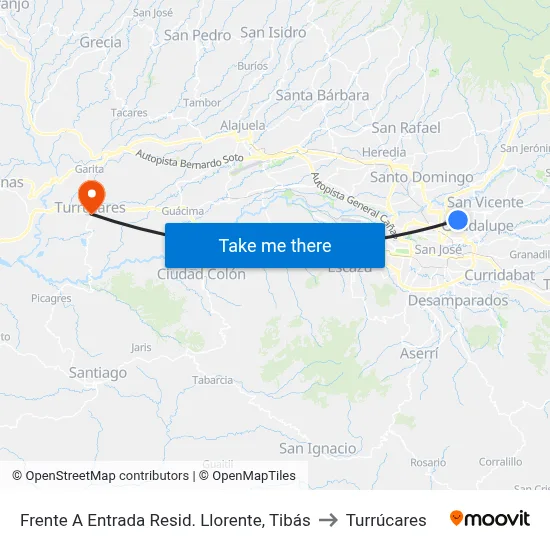 Frente A Entrada Resid. Llorente, Tibás to Turrúcares map