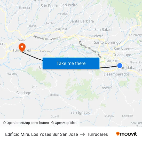 Edificio Mira, Los Yoses Sur San José to Turrúcares map