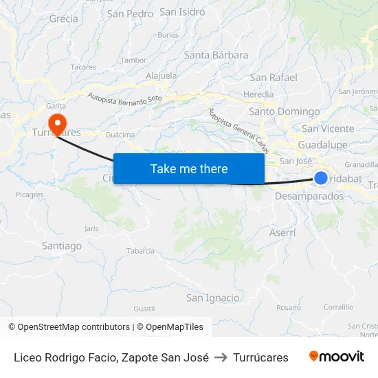 Liceo Rodrigo Facio, Zapote San José to Turrúcares map