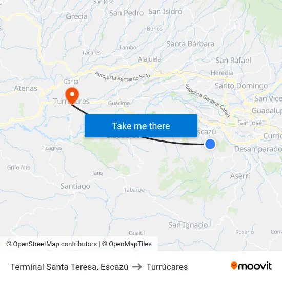 Terminal Santa Teresa, Escazú to Turrúcares map