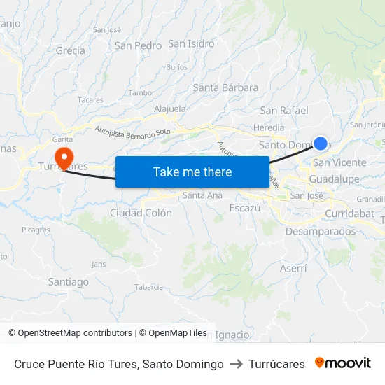 Cruce Puente Río Tures, Santo Domingo to Turrúcares map