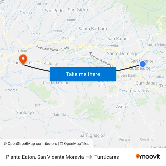 Planta Eaton, San Vicente Moravia to Turrúcares map