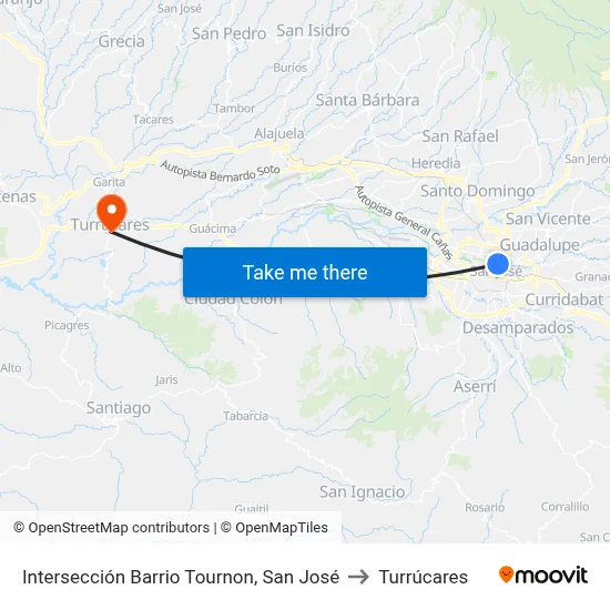 Intersección Barrio Tournon, San José to Turrúcares map