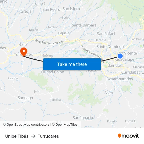 Unibe Tibás to Turrúcares map