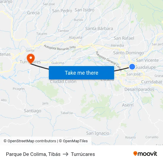 Parque De Colima, Tibás to Turrúcares map