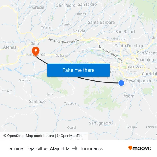 Terminal Tejarcillos, Alajuelita to Turrúcares map