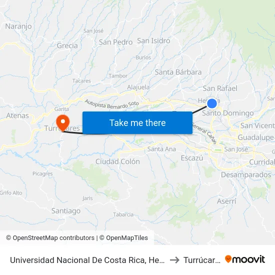 Universidad Nacional De Costa Rica, Heredia to Turrúcares map