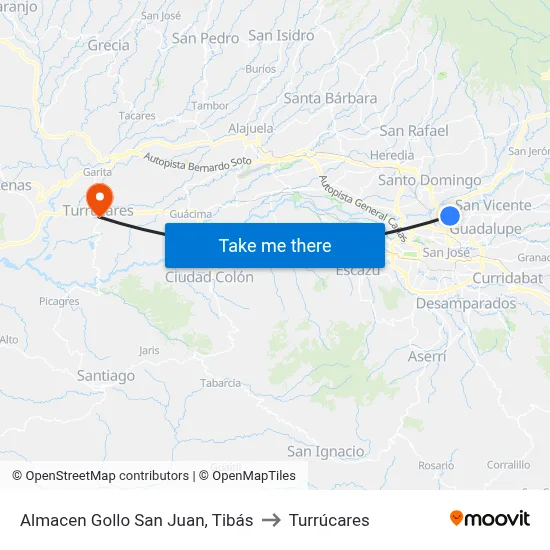 Almacen Gollo San Juan, Tibás to Turrúcares map