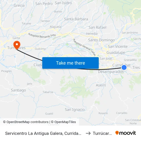Servicentro La Antigua Galera, Curridabat to Turrúcares map
