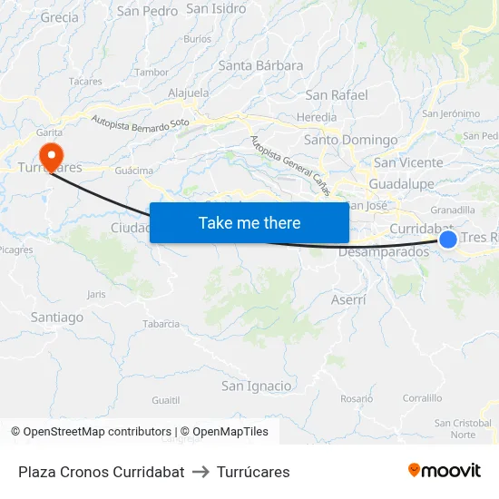 Plaza Cronos Curridabat to Turrúcares map