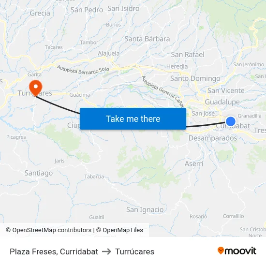 Plaza Freses, Curridabat to Turrúcares map