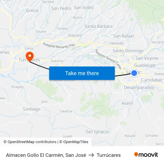 Almacen Gollo El Carmén, San José to Turrúcares map