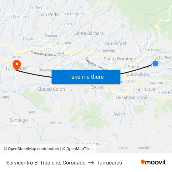 Servicentro El Trapiche, Coronado to Turrúcares map
