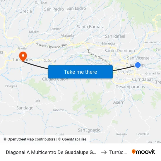 Diagonal A Multicentro De Guadalupe Goicoechea to Turrúcares map