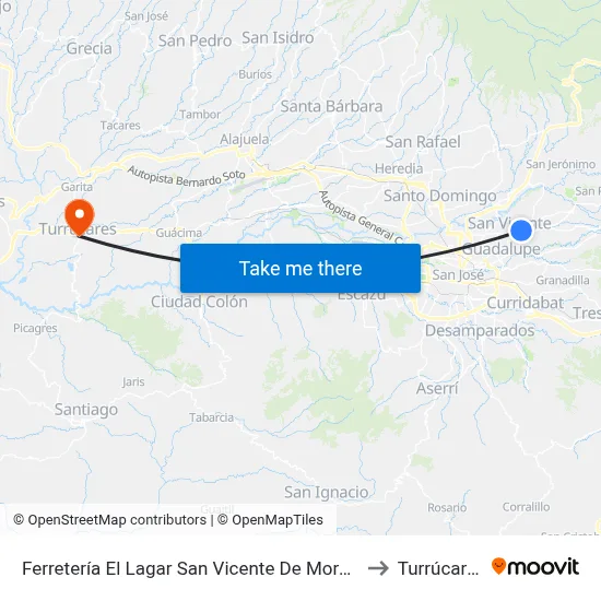 Ferretería El Lagar San Vicente De Moravia to Turrúcares map