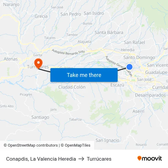 Conapdis, La Valencia Heredia to Turrúcares map