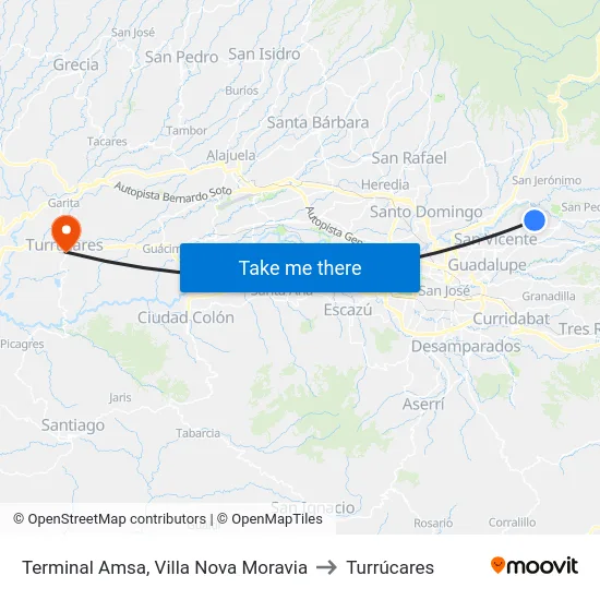 Terminal Amsa, Villa Nova Moravia to Turrúcares map