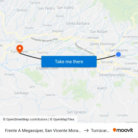 Frente A Megasúper, San Vicente Moravia to Turrúcares map