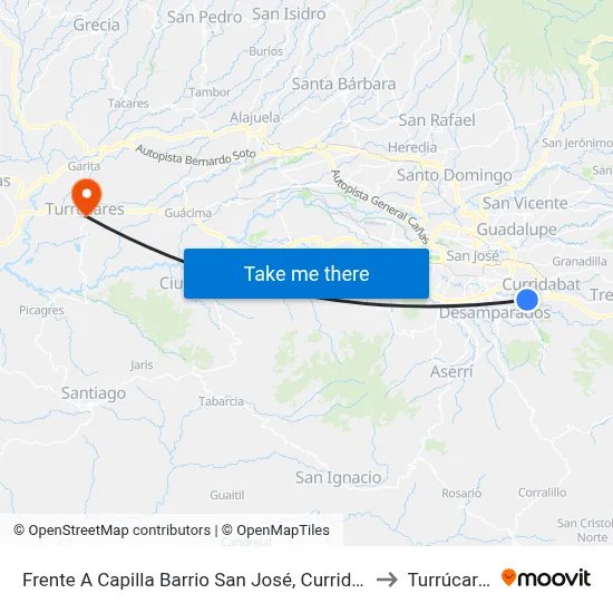Frente A Capilla Barrio San José, Curridabat to Turrúcares map