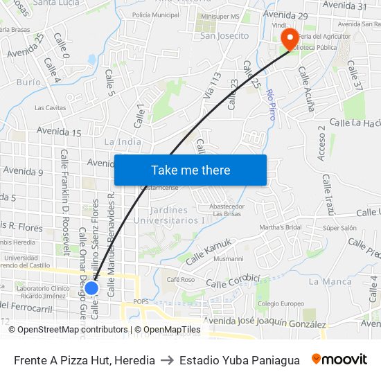 Frente A Pizza Hut, Heredia to Estadio Yuba Paniagua map