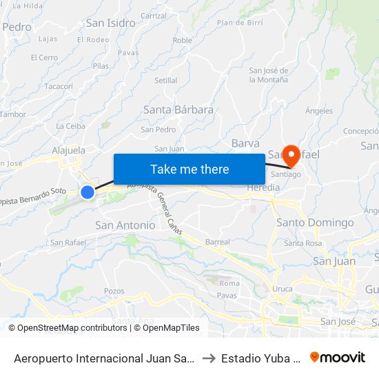 Aeropuerto Internacional Juan Santamaría, Alajuela to Estadio Yuba Paniagua map