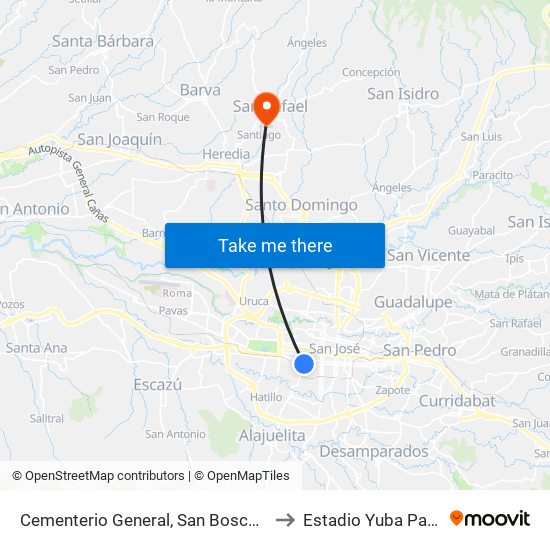 Cementerio General, San Bosco San José to Estadio Yuba Paniagua map