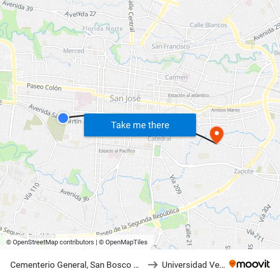 Cementerio General, San Bosco San José to Universidad Veritas map