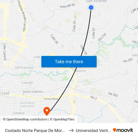 Costado Norte Parque De Moravia to Universidad Veritas map