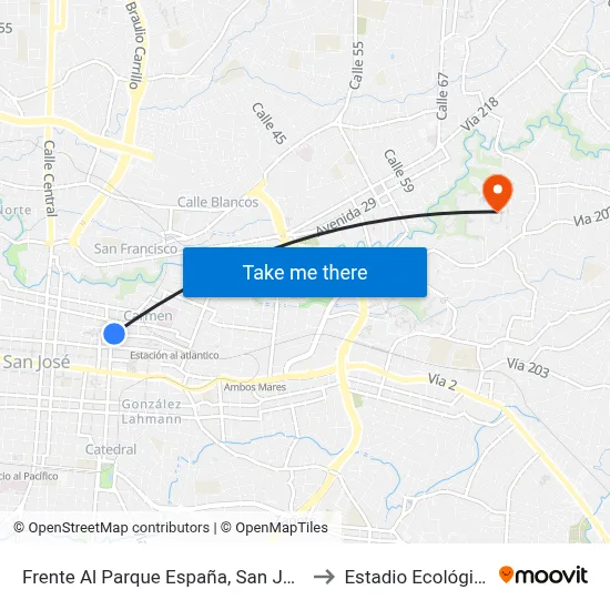 Frente Al Parque España, San José to Estadio Ecológico map