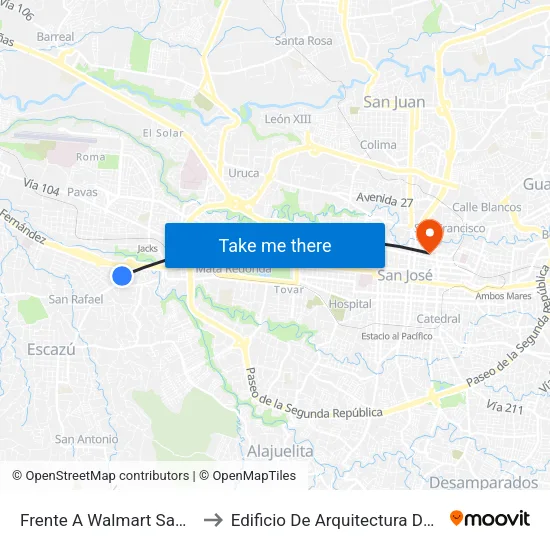 Frente A Walmart San Rafael, Escazú to Edificio De Arquitectura Del Tec De San José map