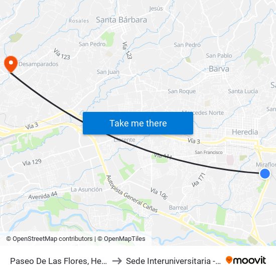 Paseo De Las Flores, Heredia to Sede Interuniversitaria - Siua map