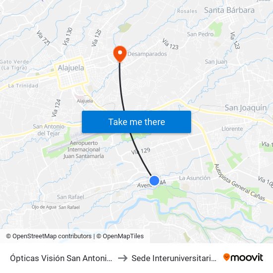 Ópticas Visión San Antonio, Belén to Sede Interuniversitaria - Siua map