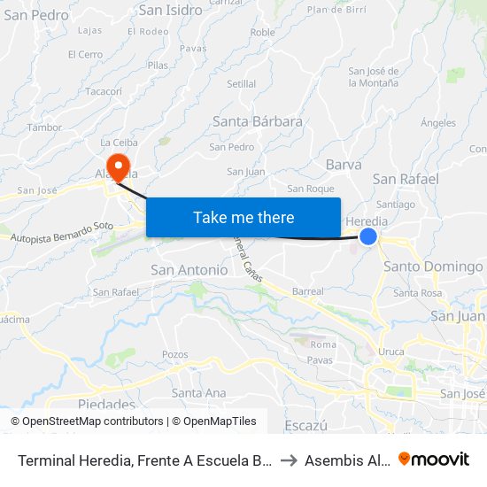 Terminal Heredia, Frente A Escuela Braulio Morales to Asembis Alajuela map