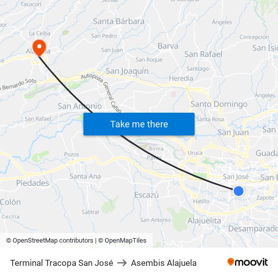 Terminal Tracopa San José to Asembis Alajuela map