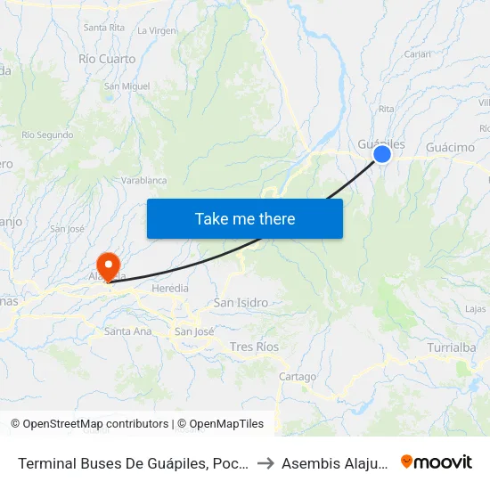 Terminal Buses De Guápiles, Pococí to Asembis Alajuela map
