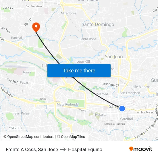 Frente A Ccss, San José to Hospital Equino map
