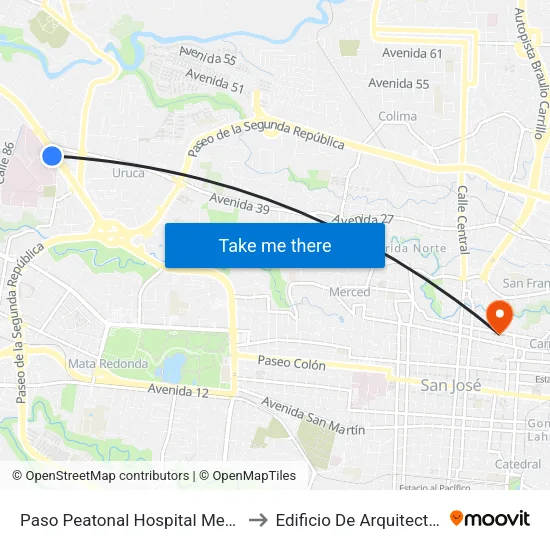 Paso Peatonal Hospital Mexico, San José to Edificio De Arquitectura Del Tec map