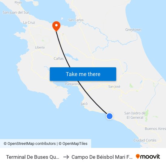 Terminal De Buses Quepos to Campo De Béisbol Mari Flores map
