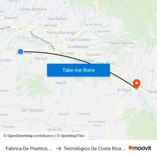 Fabrica De Plastico, Santa Ana to Tecnológico De Costa Rica Sede Central map